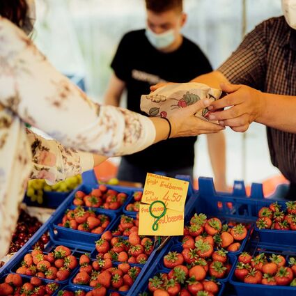 Kauf von Erdbeeren auf dem Markt